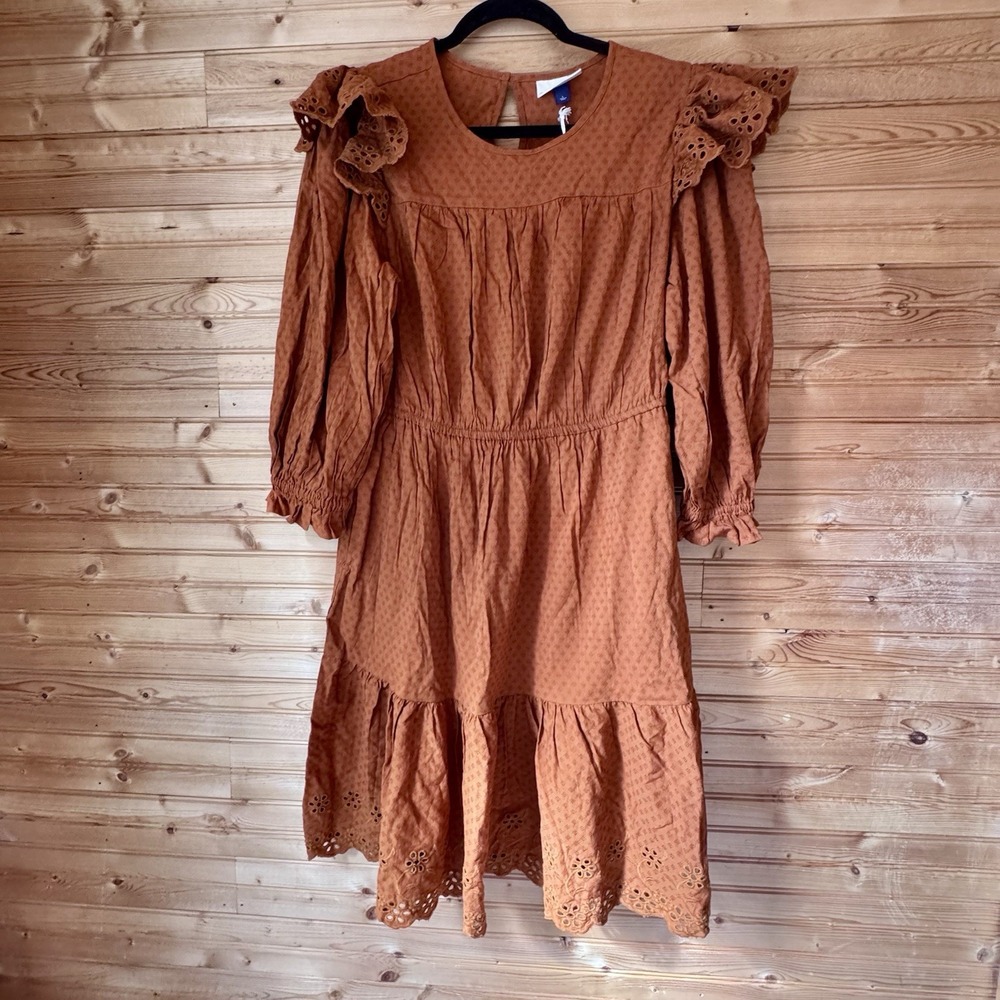 Universal Thread Dress Rust Brown Eyelet Ruffle Large NWT Prairie Ren Faire Boho